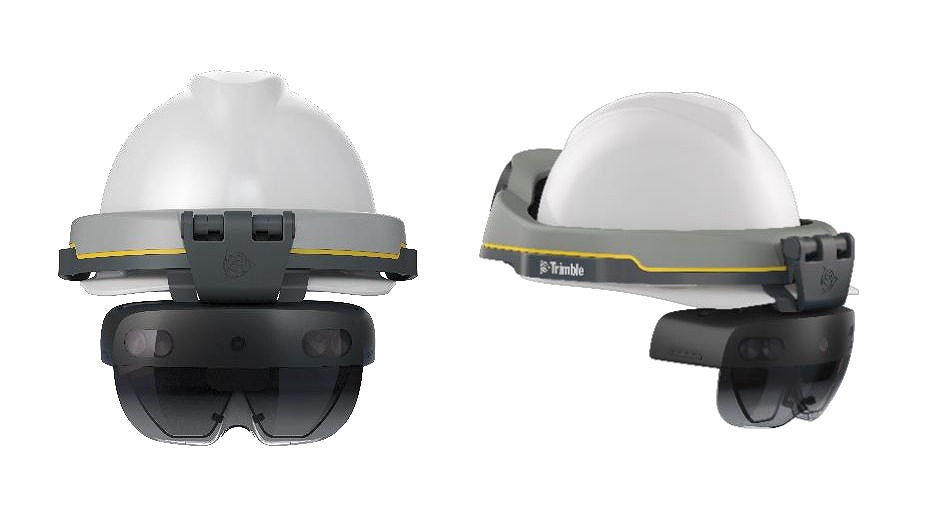 Trimble XR10の正面（左）と側面（右）。Microsoft HoloLens2とヘルメットを一体化した
