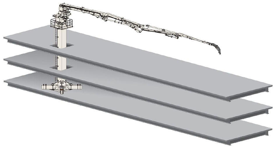 「大型ディストリビューター」の全体像。折り畳み式アームをコンクリート打設位置まで伸ばすことができる