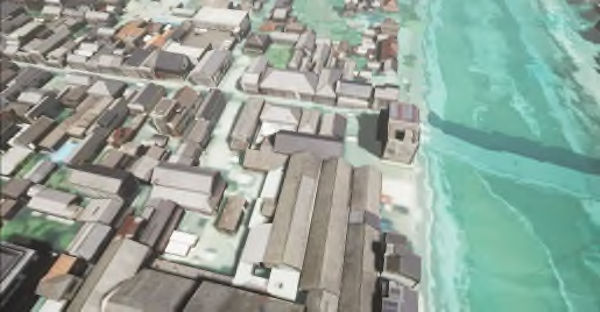 PLATEAUの3D都市モデルを使ってリアルに再現した洪水時の様子