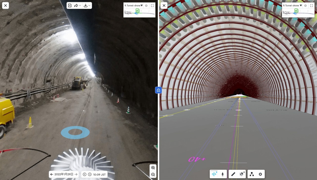 トンネルのBIM/CIMモデルと360度写真を対比したところ