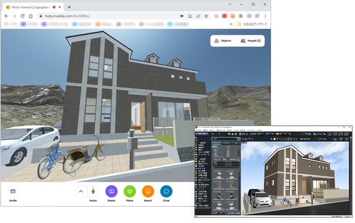 3Dマイホームデザイナーで作成した3Dモデル（右下）を、メタバースフラットフォーム「Mozilla Hubs」（左）に変換した例