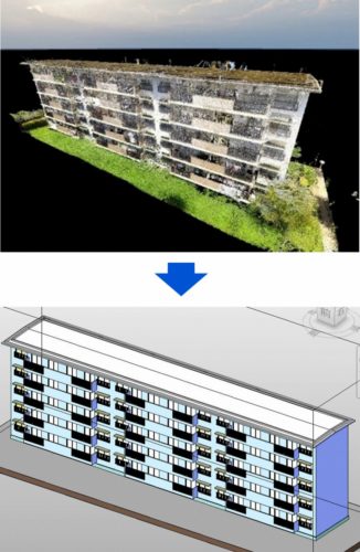 既存の集合住宅の点群データ（上）からBIMモデル（下）をいかに効率的に作成するかが共同研究のテーマだった（以下の資料：三谷産業、UR都市機構）