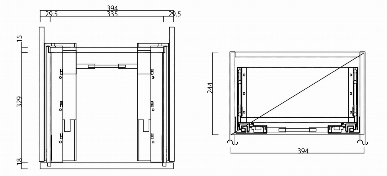 アンダーマウント型レール付き家具の平面図（左）と正面図（右）の例。レール部材の寸法やクリアランスなど、様々な細かい寸法を考慮しないと設計できない