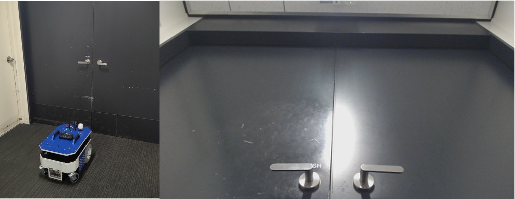 ロボットが点検対象のドア前に停止し、写真撮影しているところ（左）。実際に撮影された写真（右）