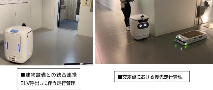ロボットがエレベーター呼び出し、乗ろうとしているところ（左）。出合い頭の衝突などを防ぐ機能（右）
