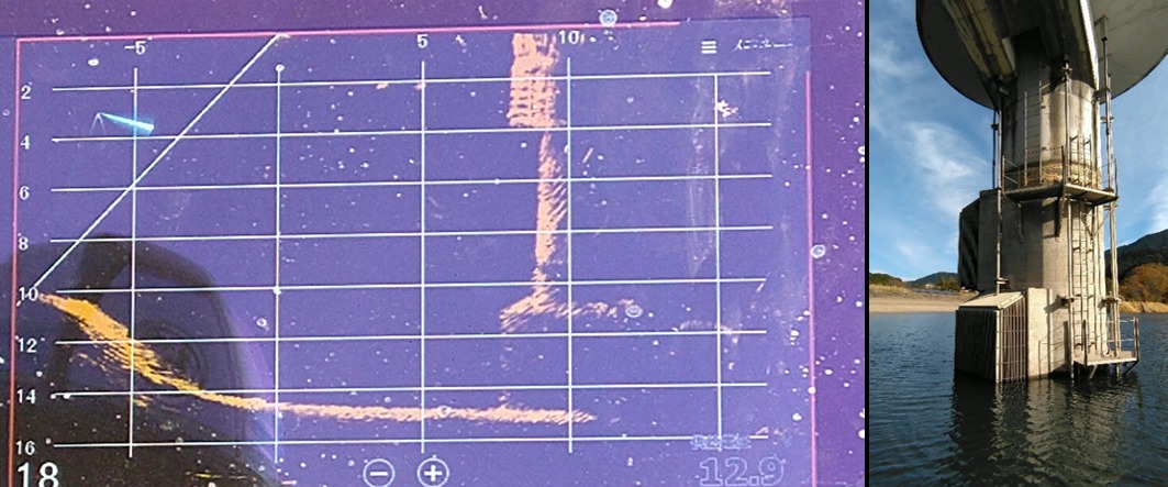 取水塔（右）の基礎周辺の洗掘状況を表示したモニター画面（左）。点群データは現場ですぐ確認できる