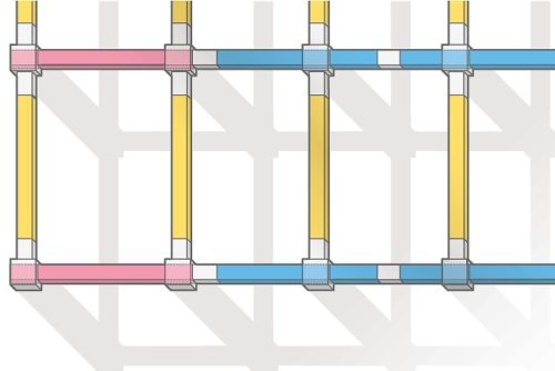 PCa梁の分割シミュレーションのイメージ。青、赤、黄で分割する