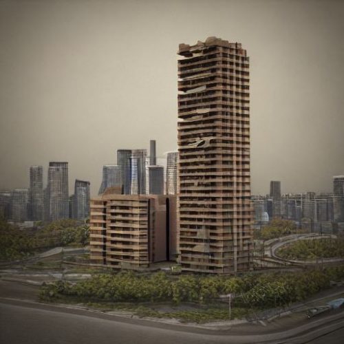 大都市の一角にたたずむ高層木造建築のイメージ（以下の画像キャプチャー：繁戸和幸氏）