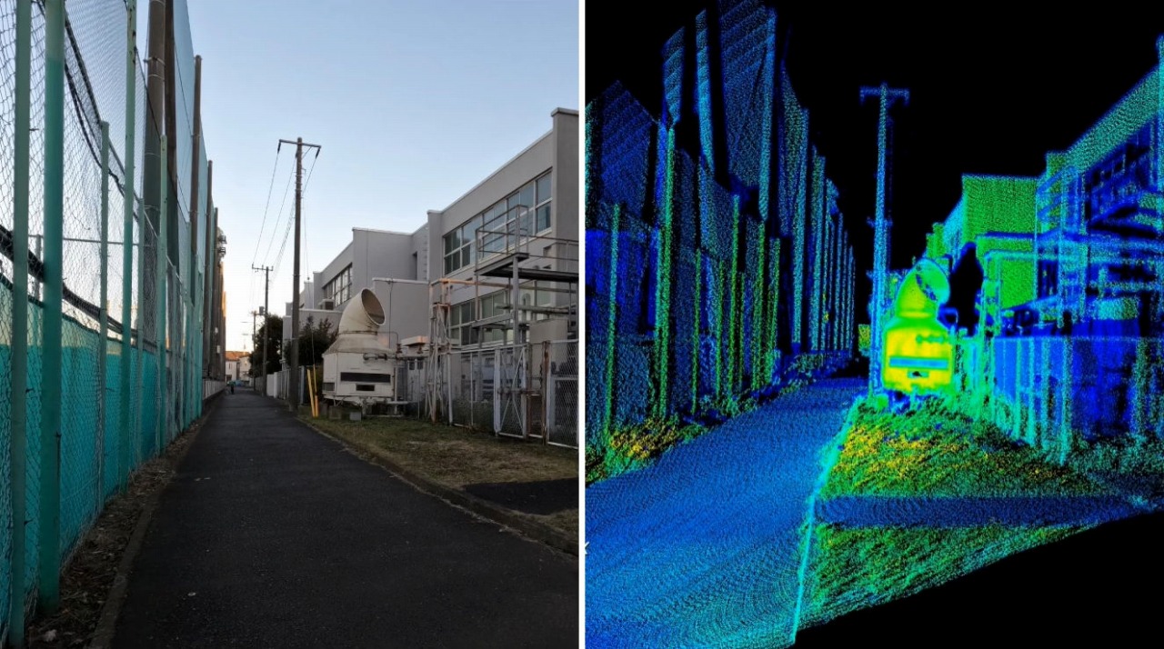 タブレット端末で現場の風景写真（左）を撮り、同時にLiDARセンサーで3D点群データ（右）を計測する