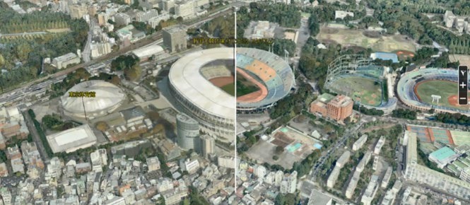 東京の新・旧国立競技場周辺の街並みを3Dモデルで再現したデジタルツインのイメージ