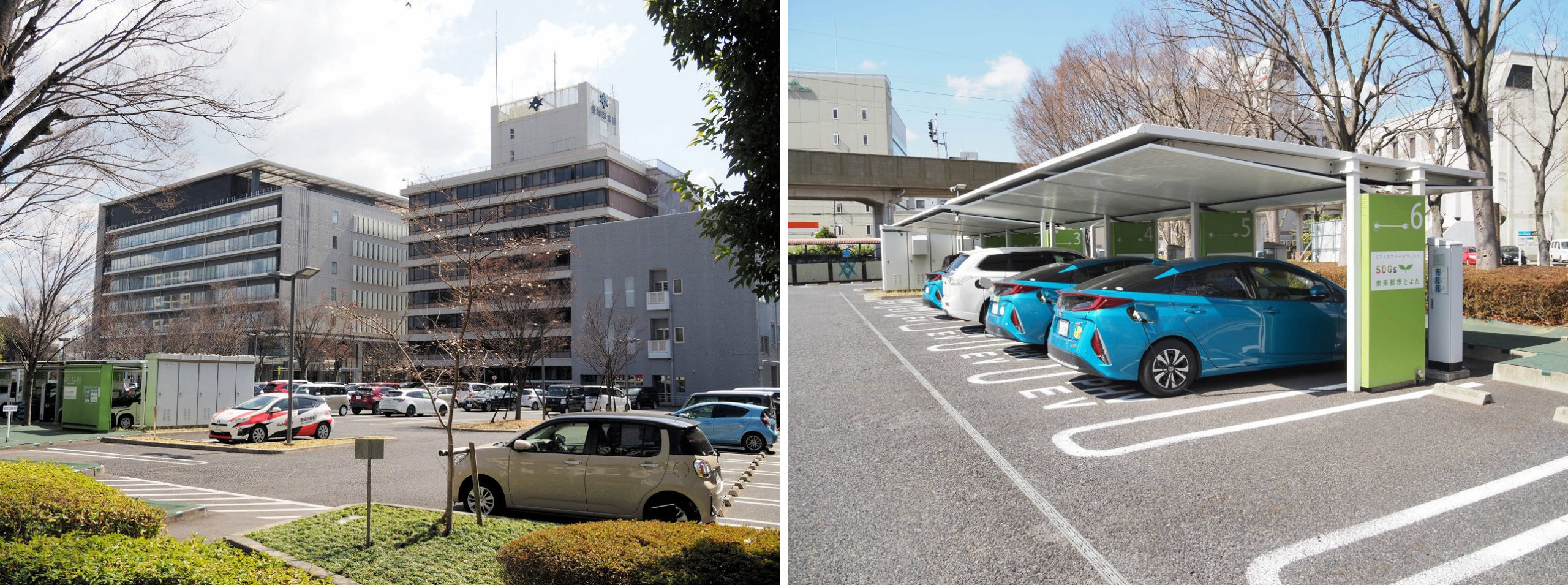 「環境未来都市」構想を推進する豊田市役所（左）。駐車場には何台もの電気自動車が並ぶ（右）（写真：家入龍太）