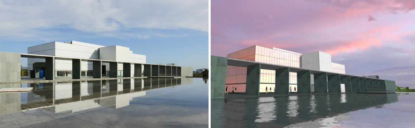 豊田市美術館の写真（左）とVR（右）（写真：豊田市、VR：フォーラムエイト）