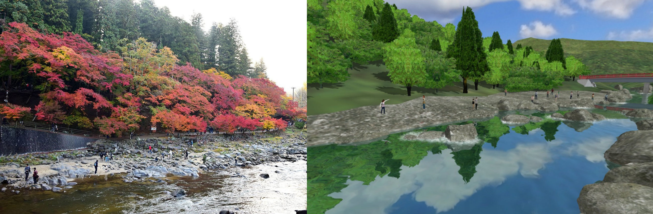 香嵐渓の紅葉時の写真（左）とVRで再現した新緑時のイメージ（右）（写真：Bariton=Wikipediaより、VR：フォーラムエイト）