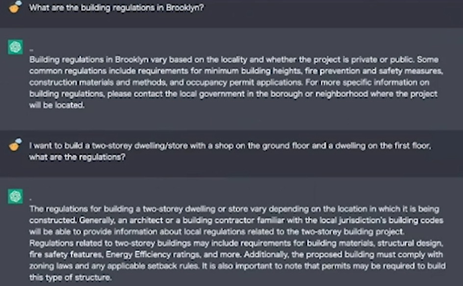 chact英語版の画面。ブルックリン地区の建築規制や、店舗付き2階建て住宅の建設について質問と回答を行った例（資料：mign）