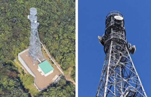 山頂に建つマイクロ波無線中継所（以下の写真、資料：センシンロボティクス）