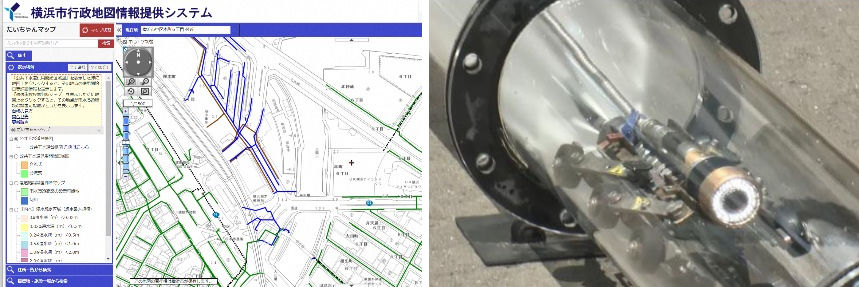 下水道台帳を電子化した「だいちゃんマップ」（左）。下水道管きょの清掃・調査に導入されたノズルカメラ（右）