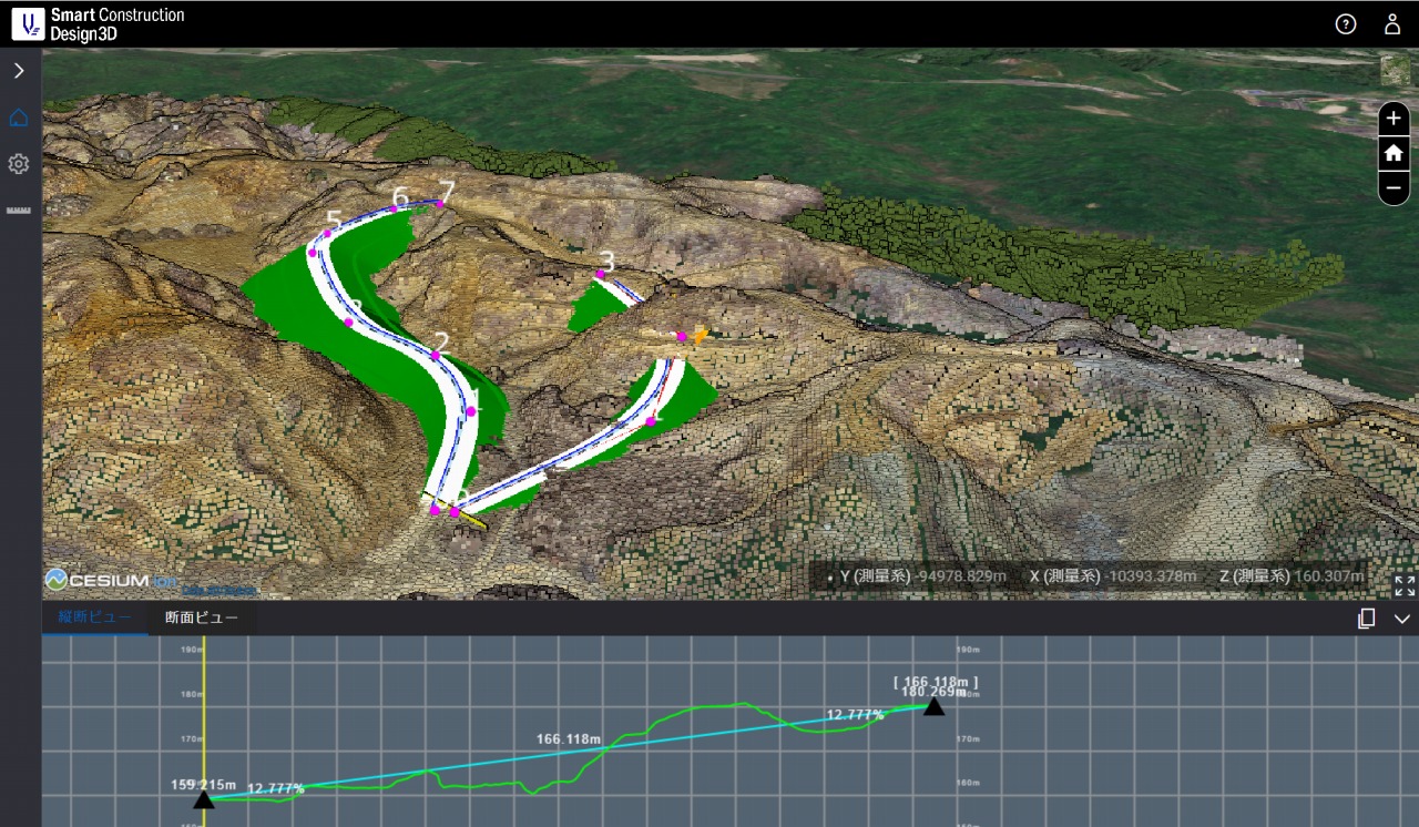 地形の点群データ上に仮設道路などを直感的にモデリングできる「Smart Construction Design3D」の画面（資料：EARTHBRAIN）