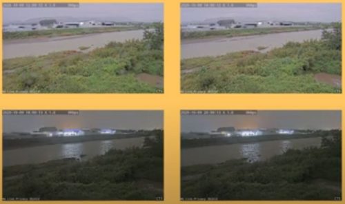 定期的に同じ画角で自動撮影された河川の映像