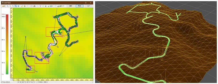 土木用VRソフト「UC-win/Road」で作成した地形や道路線形の3Dモデル（左）。この線形や地形をLandXML形式のファイルで書き出し、Shade3Dに読み込んだところ（右）
