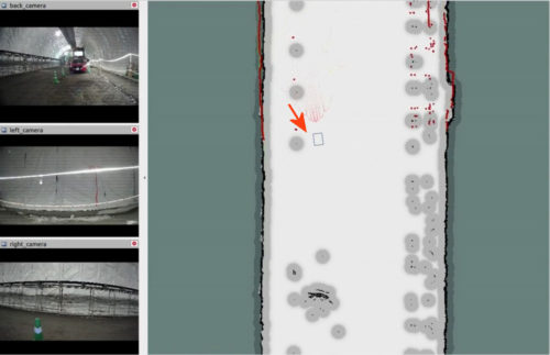 駐機場から出発し、切羽へと移動する過程のカメラ画像（左段）と、LiDARで計測した点群によって認識されたトンネル壁面や障害物など（右段）