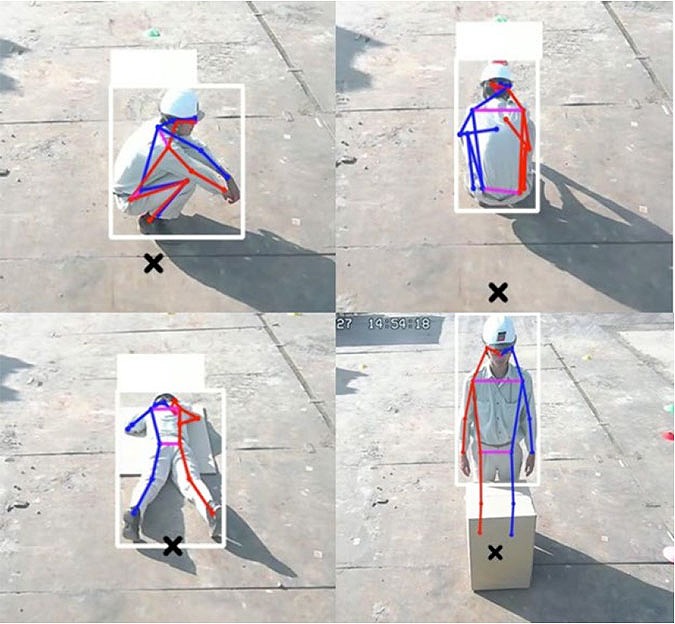 AIによって認識された作業員の姿勢。人体の右側は赤線、左側は青線で区別して認識し、×印は足元の位置を安全側に推定したもの