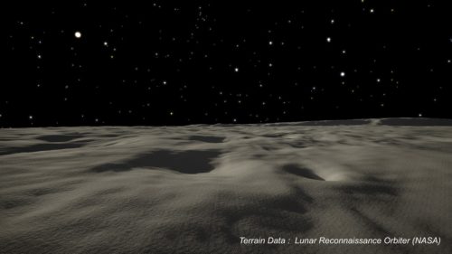 NASAやJAXAが取得した月面の3Dデータを元に、リアルに再現された月面の3Dマップ。まずはフライトシミュレーター感覚で、着陸予定地の検討に使えそうだ
