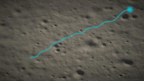 月面探査車などで目的地にたどり着くための経路シミュレーションを、実際の月面地形で行ったイメージ