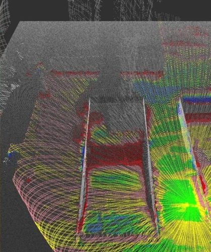 上写真の現場で、設計図と現在の掘削状況をリアルタイムにヒートマップ表示した画面