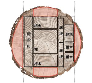 製材時の木取りの例。周辺の丸い部分は廃棄されることが多かった（以下の資料、写真：XENCE）