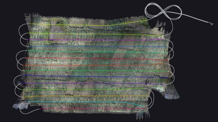 テストフライトのコース。対地高度100mで350ha(3.5km2)を27分の飛行時間で計測した(以下の画像:イエロースキャンジャパン)