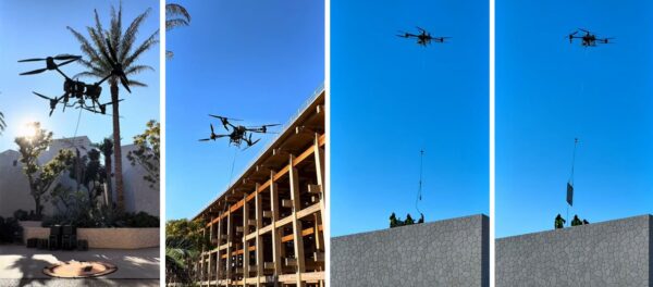 ドローンによる作業手順。左からドローンの離陸、大屋根リングを背景に飛ぶドローン、ホバリング中にワイヤを下ろす、太陽光パネルを吊り上げて撤去