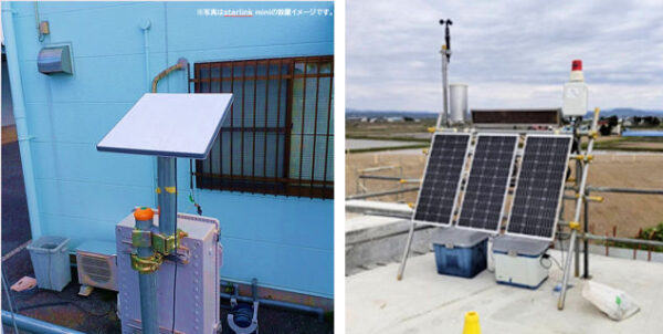 Starlinkのアンテナ(左)と太陽光発電パネル(右)によって通信環境や電源のない現場でも使える