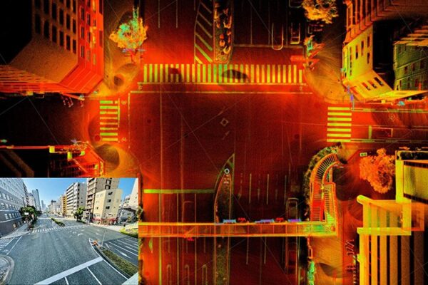 交差点周辺の街並みを3Dスキャンし、パース的に表示した例