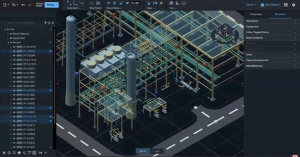 3Dモデルを拡大したところ。他の配管との干渉を防ぎつつ、必要な曲率半径などを確保して機器間を接続している