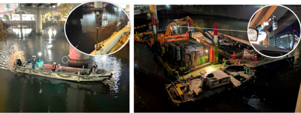 移動局を取り付けた通船（左）と浚渫用バックホー台船（右）