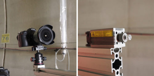 三脚式計測装置に取り付けられたリングレーザー（右）と魚眼レンズ付き高解像度カメラ（左）