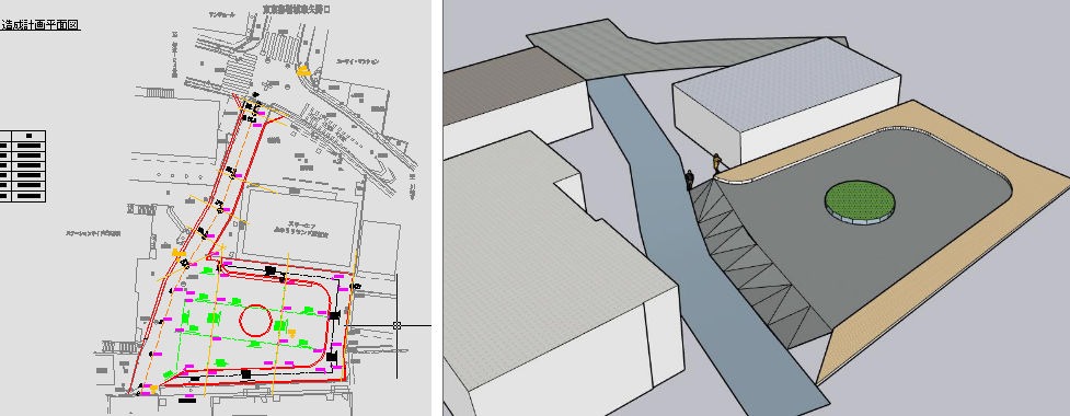駅前ロータリーの整備プロジェクトでのIJMAP for SketchUp活用事例。2次元図面（左）に比べて3Dモデル（右）は土地の起伏がよくわかる