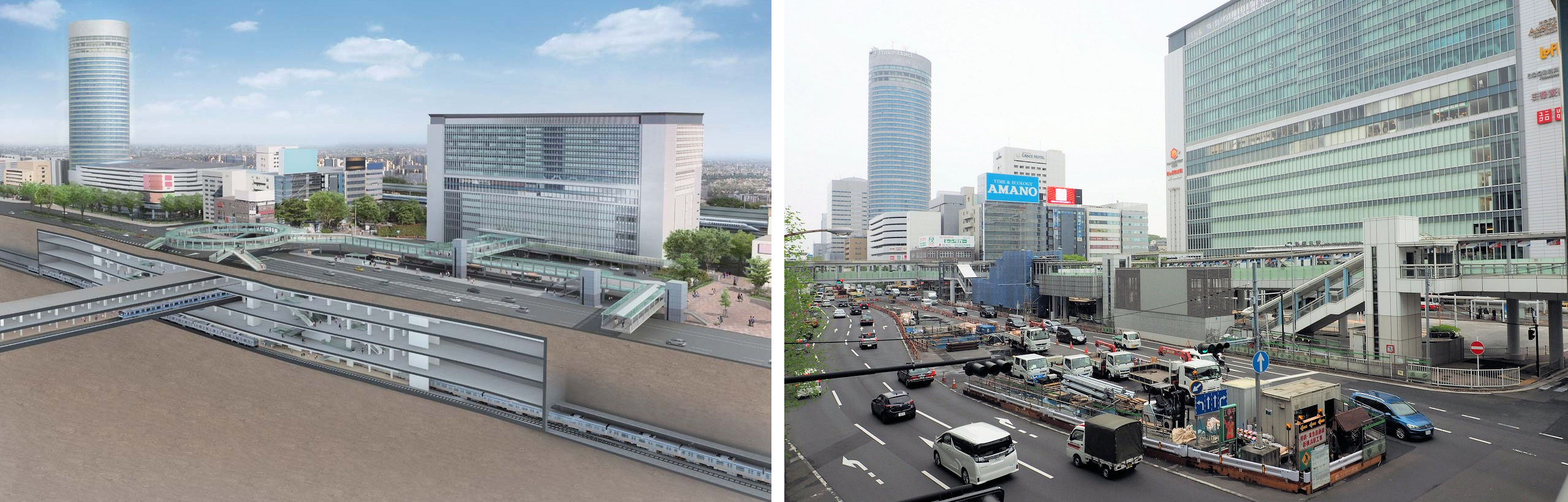 JR新横浜駅の北側で建設中の「相鉄・東急直通線、新横浜駅」の完成イメージ（左）と地上から見た現場（右）