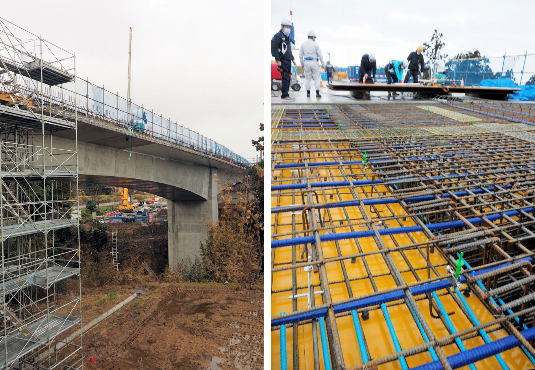 秋田県にかほ市内で施工中の国道7号大砂川橋の現場（左）。橋桁上では床版の配筋が行われ、翌日のコンクリート打設に備えている（右）