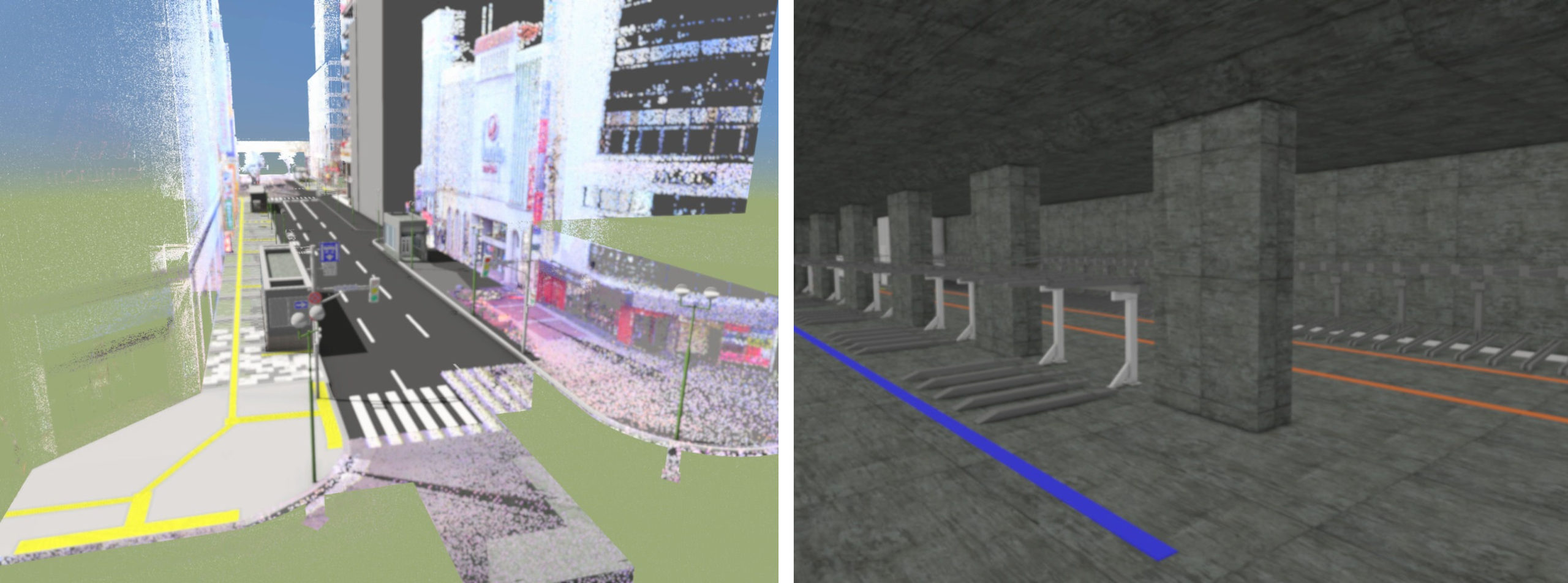 BIM/CIMモデルと街並みの点群データを合体させた完成予想図。地上の歩道（左）と地下駐輪場（右）の位置関係は完全に整合性がとれている