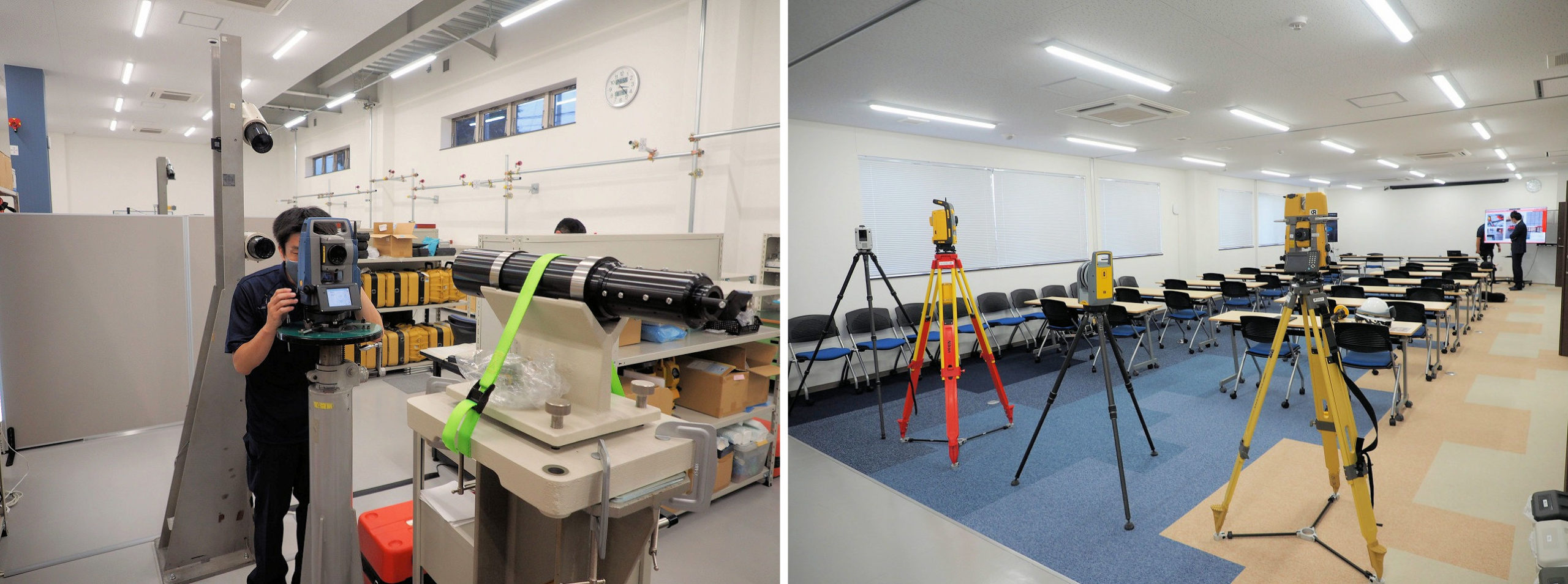 測量器を調整する設備が整った1階の検査場（左）。3Dレーザースキャナーなど各社の最新機器を実習できる2階のセミナールーム