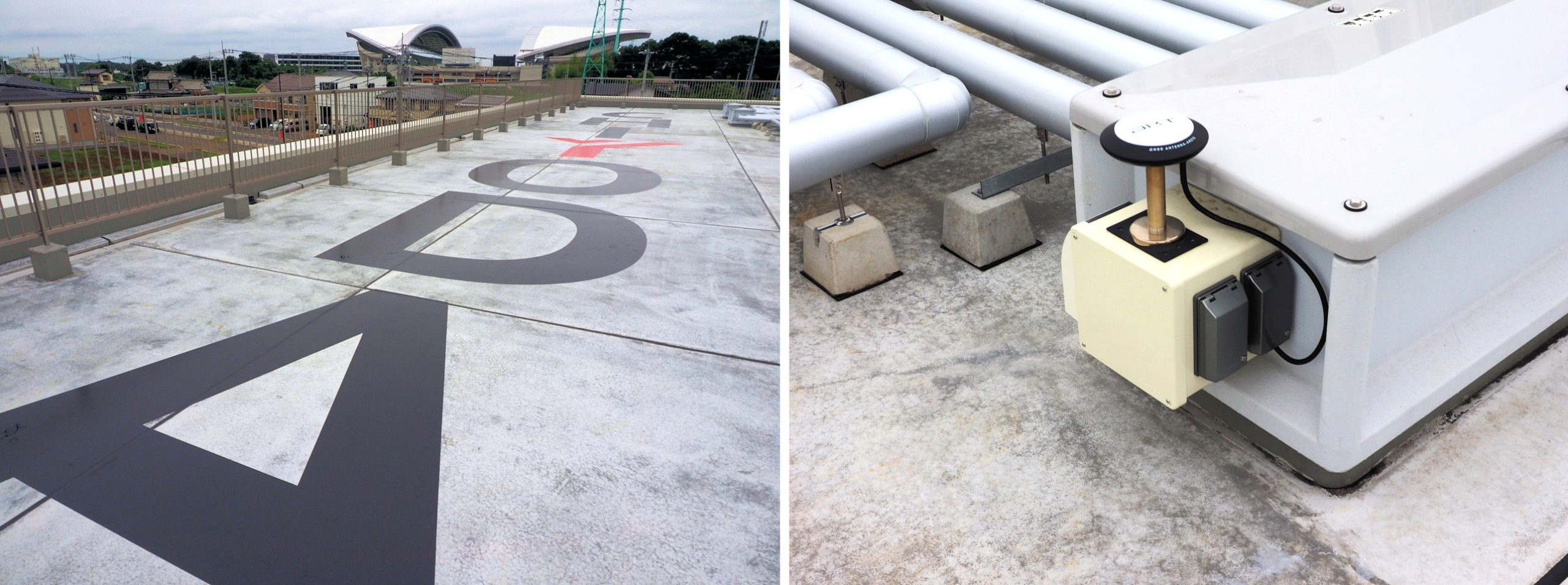 GNSS測量機による実習も行える屋上（左）。建物内にGNSS環境を構築するためのアンテナ（右）