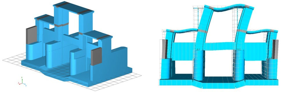 北海道支社北海道水工室がEngineer’s Studioで作成した水門の3Dモデル（左）と、固有値解析で求めた振動モード形状（右）