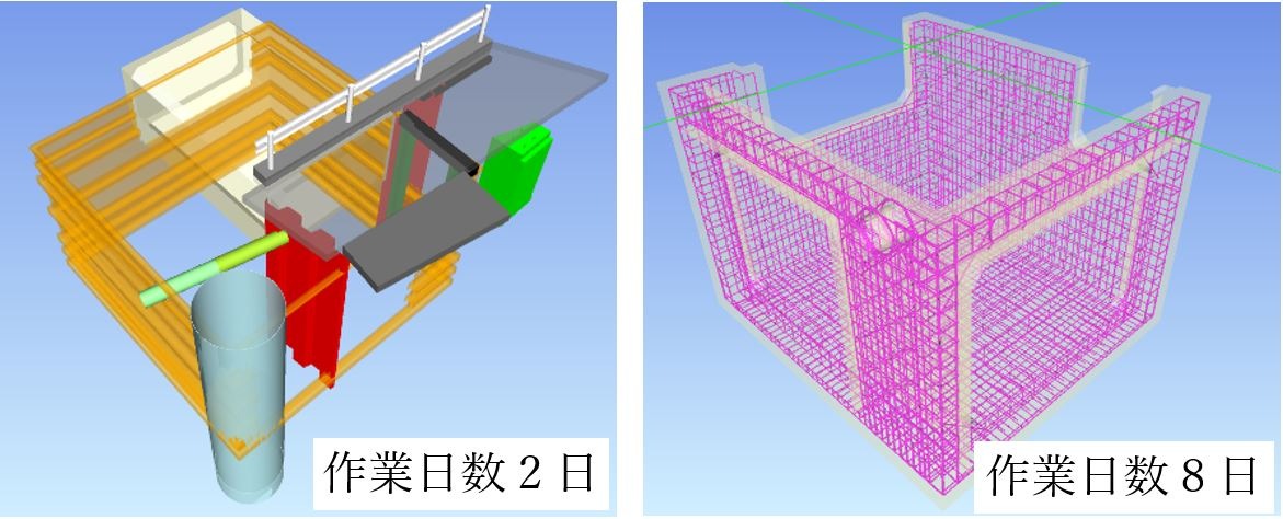 東京本店 土木工事部 工事課の内池聖享氏が自力で作成した既設構造物の3Dモデル（左）とRC構造の特殊マンホールの3Dモデル。複雑な構造物や配筋の取り合いが3Dモデルによって具現化され、現場での施工検討に貢献している