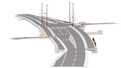 交差点改良工事の完成予想CG。交差点に右折レーンを設け、全長約220mにわたって左側を拡幅し、路面の高さも改良する