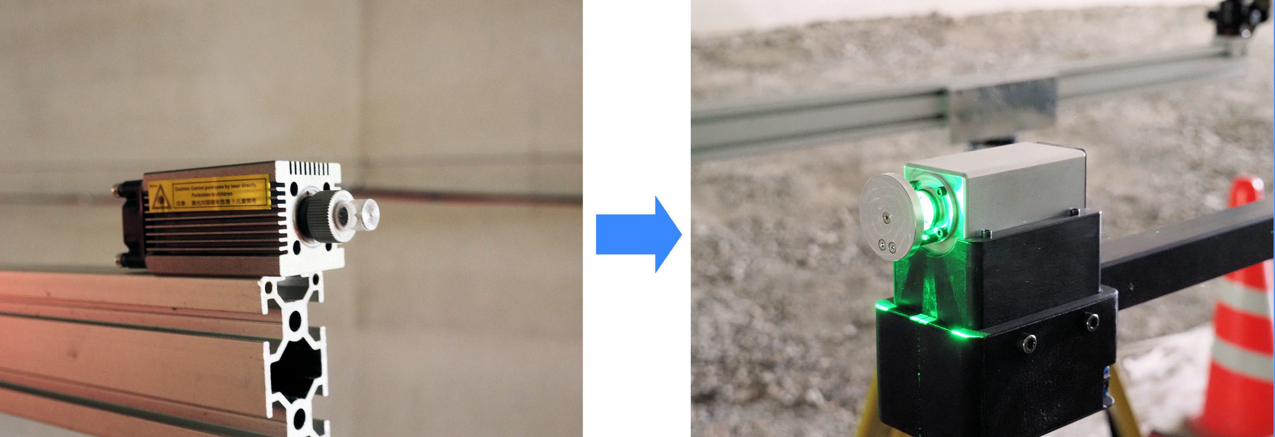 1年目のレーザー発光器（左）はより小型な発光器（右）に変更した