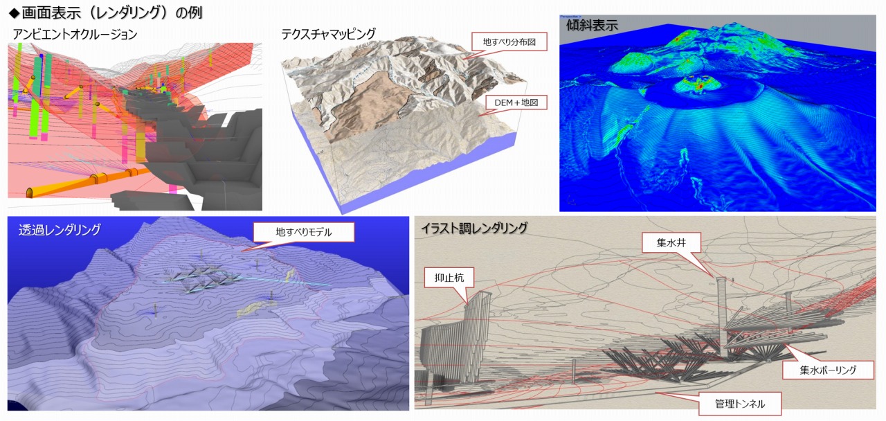 地下の地盤構造の3Dモデルを、「GEO-CRE」の様々なレンダリング機能によって見える化できる