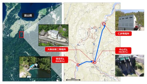大長谷第二発電所および菅沼ダムと仁歩発電所の工事現場は、互いに数キロメートルずつ離れており、道幅も狭い。クルマでの移動にはそれぞれ片道20分ほどかかる（地図：国土地理院）