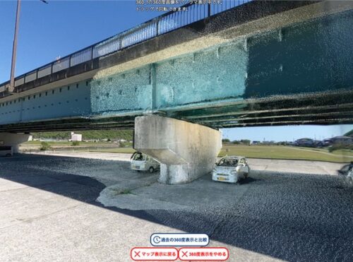 LRTKクラウドに点群データと360度写真を読み込み、合成した例。点群ではわかりにくかった周囲の状況もよくわかる