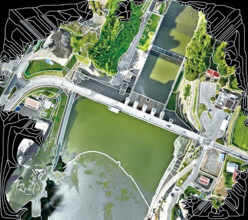 オルソ画像から自動で作成した図面をオルソ画像に重ね合わせた画像